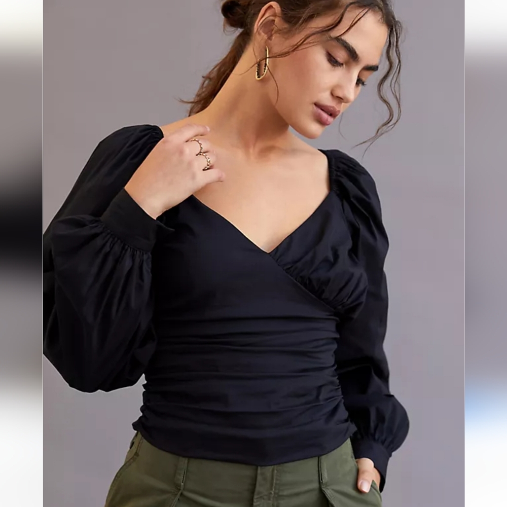 Anthropologie Sweetheart Puff-Sleeved Blouse Black/Noir Women Size Large
